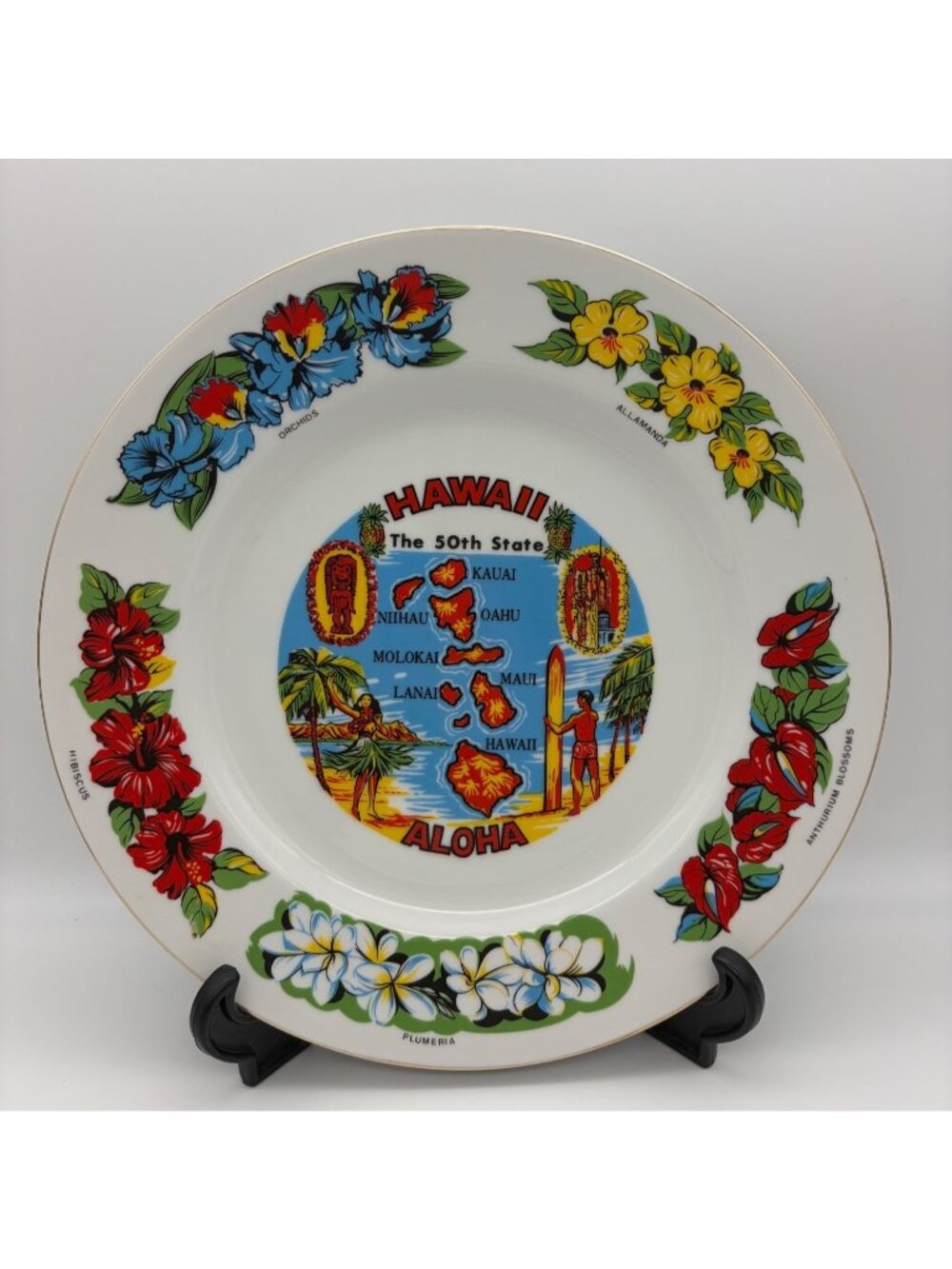 Vintage Hawaii 50th State Souvenir Plate Japan Floral Tiki Aloha Wall 10.75 Inch